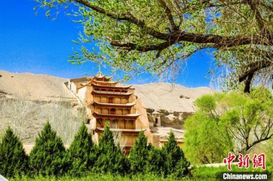 4月的敦煌莫高窟景區(qū)春意盎然。(資料圖) 王斌銀 攝