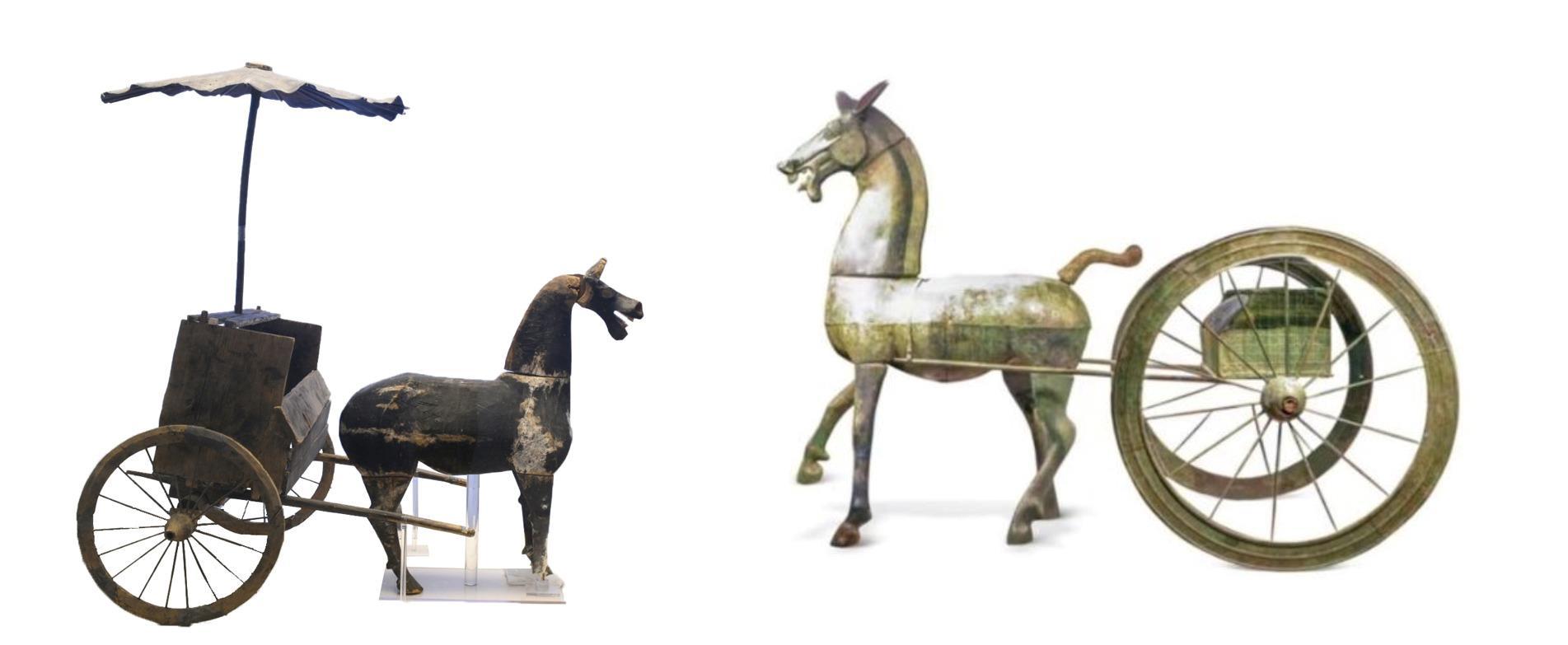 △左為漢代木軺車，藏于青海省博物館；右為東漢銅車馬，藏于黔西南州博物館。